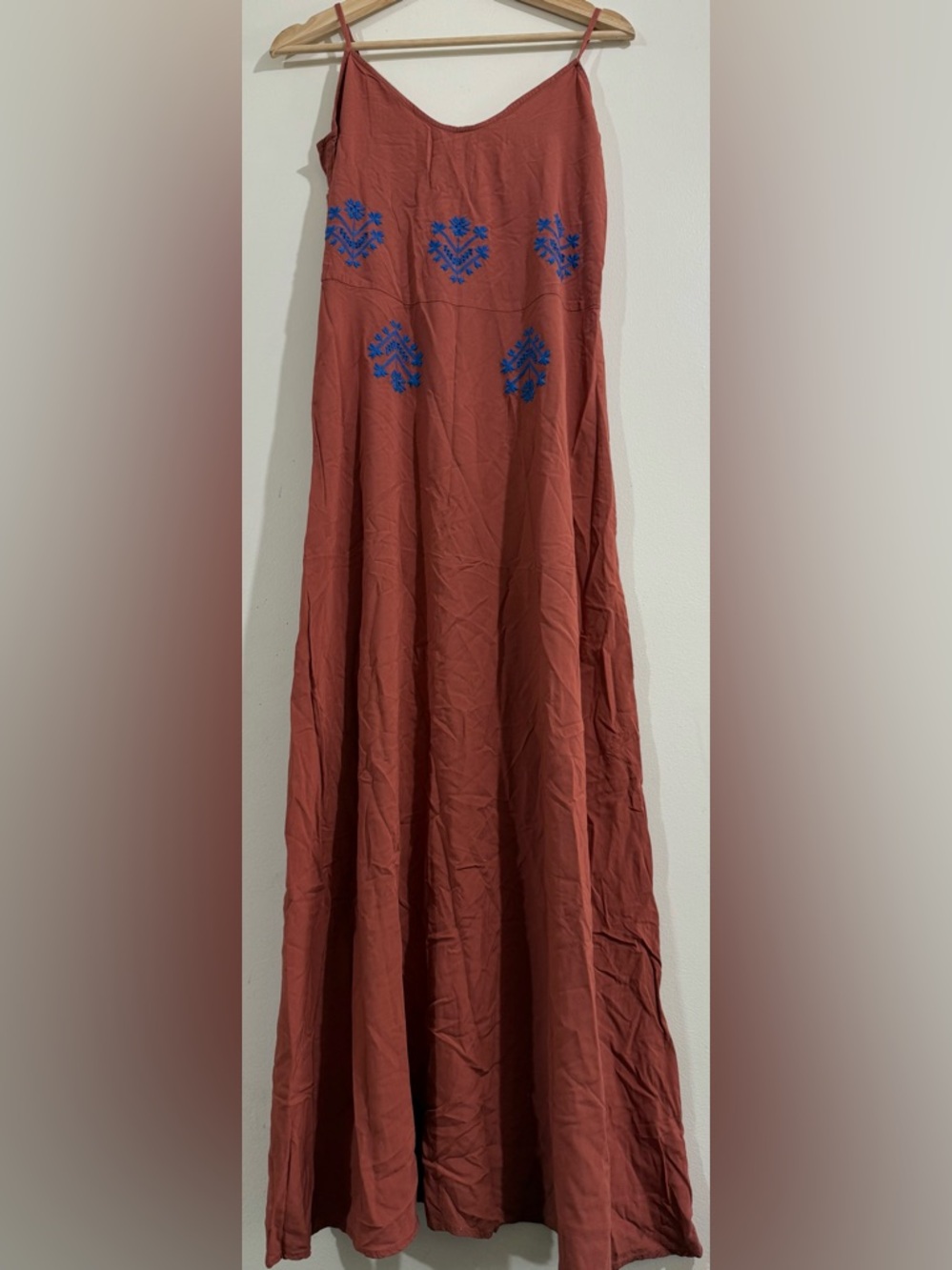 SACK'S Women’s Rust Red Maxi Dress with Blue Embroidery